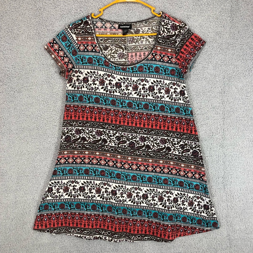 Boho Print Short Sleeve Dress Size M Jersey Knit Multicolor Tribal Floral Patter